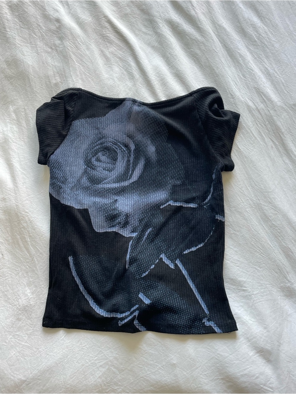 Urban Outfitters Black Ribbed Tee with Gray Rose Graphic